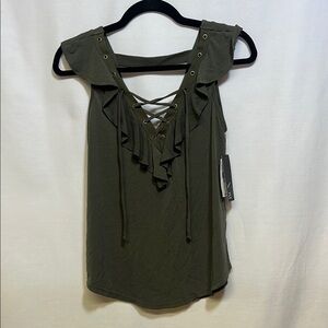 BCX Green Ruffled Tie Front Tank Top